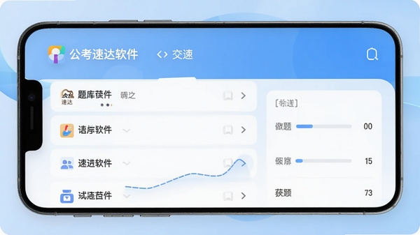 公考速达软件主界面预览图,手机屏幕显示题库列表与做题进度,背景为浅蓝色渐变,界面简洁清晰,突出公考速达品牌标识,整体风格现代且专业,适配Boogu模型生成