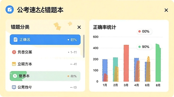 公考速达错题本界面截图,显示错题分类列表与正确率统计图,背景为浅黄色,图表色彩醒目,突出数据可视化效果,整体风格友好且直观