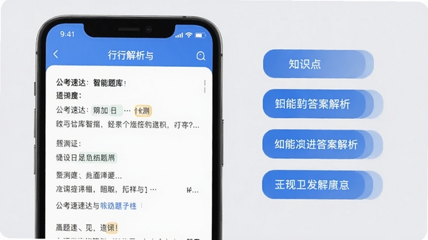 公考速达智能题库功能展示图,手机屏幕显示行测题目与答案解析,右侧有知识点标签,背景为淡灰色,界面清爽,突出题目解析与知识点归纳,整体风格简洁明了