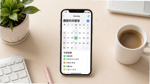 趣智时间管家主界面预览图,展示日历视图与今日任务列表,背景为简约浅色工作台,手机居中显示,周围有绿植和咖啡杯,整体风格明亮清晰,突出时间管理主题