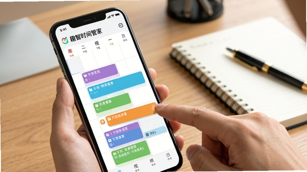 趣智时间管家日程规划功能展示,手机屏幕显示彩色周视图日程块,用户手指正在拖拽任务条,背景是办公桌面,旁边有笔记本和笔,画面生动体现智能排序与拖拽交互
