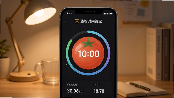趣智时间管家专注计时界面,手机屏幕显示圆形番茄钟倒计时,周围有进度环和统计数字,背景是安静的书桌一角,台灯柔和光线,营造专注氛围