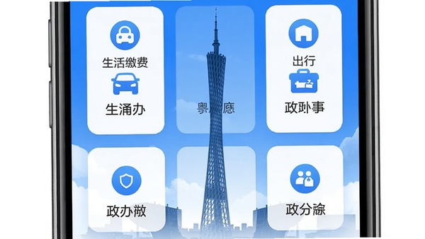 粤通天下APP主界面展示,手机屏幕内显示清晰的功能图标矩阵,包含生活缴费、交通出行、政务办事等模块,背景为广东省地标建筑广州塔的剪影,整体色调以蓝白为主,风格现代简约,高清渲染图