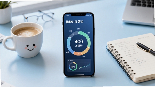趣智时间管家主界面展示,手机屏幕中央显示环形时间统计图表,背景是简洁的浅蓝色渐变工作台,旁边摆放一杯咖啡和笔记本,画面明亮清晰,突出时间规划与效率管理主题