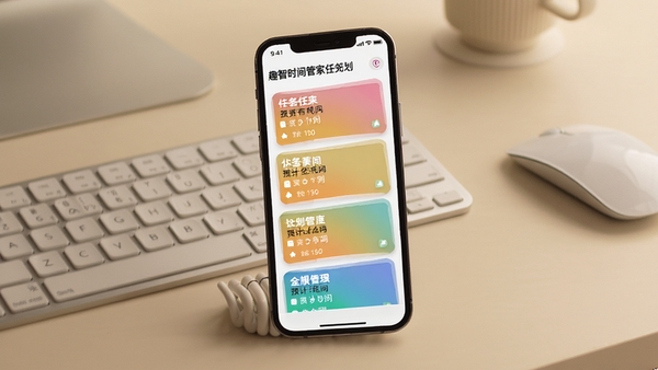 趣智时间管家任务规划界面,手机界面列出多个彩色任务卡片,每个卡片显示任务名称和预计耗时,背景为舒适的米色办公桌面,有键盘和鼠标,画面柔和强调计划性