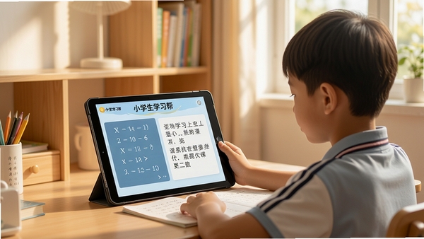 一名小学生坐在书桌前,使用平板电脑观看“小学生学习帮”的同步课程,屏幕上显示数学公式和语文课文,背景是温馨的书房,阳光透过窗户洒入,画面清晰明亮,风格写实温馨。