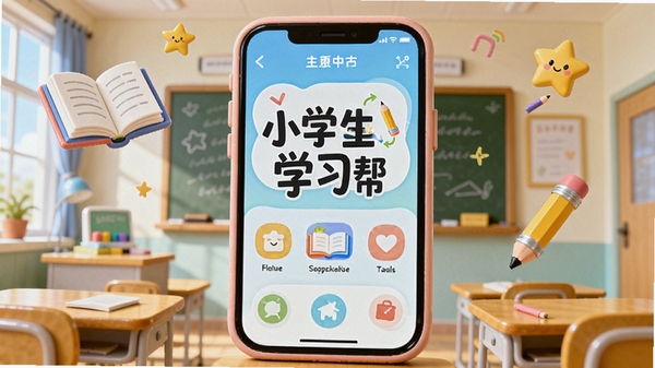 画面中央是一部卡通风格智能手机,屏幕显示“小学生学习帮”主界面,背景是明亮的教室和绿色黑板,周围漂浮着书本、铅笔、星星等元素,色彩鲜艳,充满童趣,整体风格活泼可爱,高清渲染。