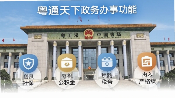粤通天下政务办事功能页面,显示社保、公积金、税务等图标,背景为政府大楼,风格写实,突出便民服务的高效与规范