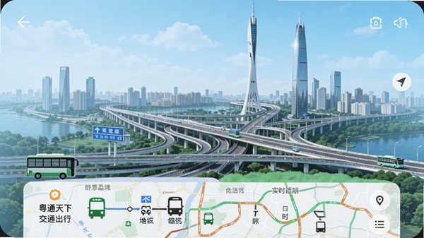 粤通天下交通出行界面,展示公交地铁换乘、实时路况地图,背景为广州立交桥,色调清新,体现智慧城市的便利