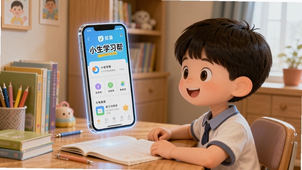 画面主体为一个小学生坐在书桌前,面前悬浮着发光的智能手机屏幕,屏幕上显示小学生学习帮的界面,背景是温馨的家庭书房,色调明亮柔和,桌上摆放着课本和文具,整体风格卡通写实结合,突出学习氛围与科技感。