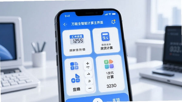 万能全智能计算主界面,展示多合一计算功能,背景为现代简约风格,前景是一个智能手机屏幕,屏幕上显示各类计算模块图标,如科学计算器、汇率换算、房贷计算等,整体色调以蓝色和白色为主,光线柔和,细节丰富,适合应用商店展示。