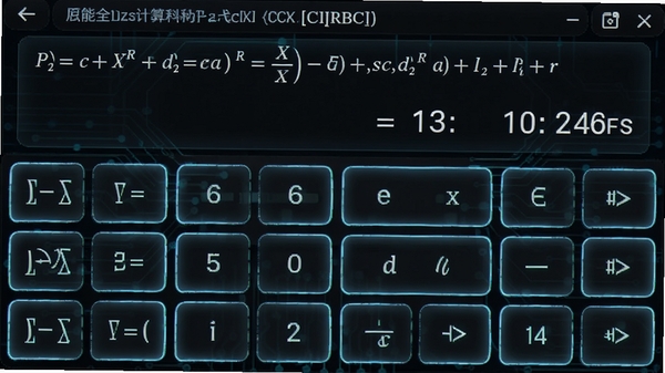 万能全智能计算科学计算器模式界面截图,显示三角函数和指数运算按键,背景为深色科技感风格,数字与符号按键清晰明亮,屏幕中显示一道复杂的数学公式及其结果,整体视觉效果专业且富有科技感。