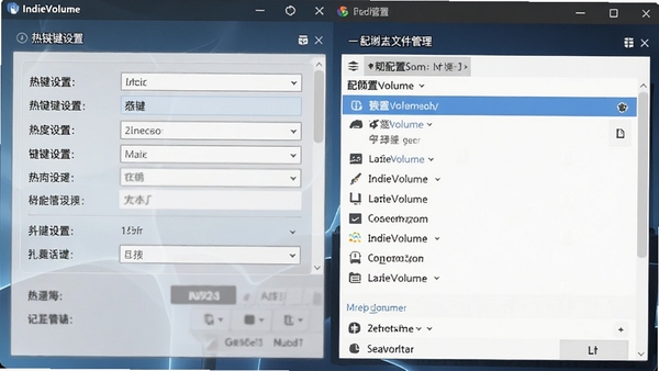 IndieVolume软件设置界面预览图,展示热键设置选项和配置文件管理列表,背景为柔和的蓝色渐变,界面元素清晰,强调功能丰富性与可定制性