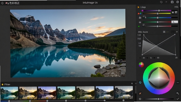 IntuImageɫ��У�����棬��ʾһ�ŷ羰��Ƭ���Ҳ���HSL���顢����ͼ��ɫ�ֵȵ�ɫ���ߣ��·����ж���˾�����ͼ������ɫ�ʷḻ������Ч��ʵʱԤ��