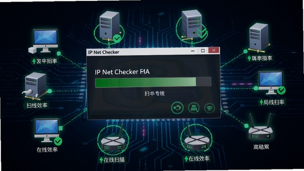 IP Net Checker局域网扫描功能演示图,画面中央显示一个正在进行的扫描进程,周围有多个网络设备图标(电脑、服务器、路由器)被逐一标记为在线状态,背景采用深色科技感线条网格,突出软件IP Net Checker的扫描效率和专业感