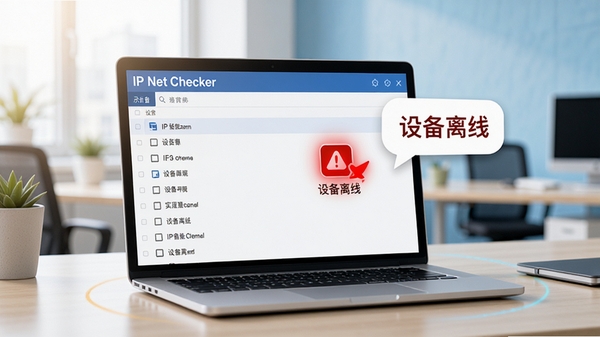 IP Net Checker实时监控功能示意图,画面中一台笔记本电脑屏幕显示设备列表,其中一个设备图标显示红色告警状态,旁边有“设备离线”的提示气泡,背景为办公环境,整体色调明亮,突出IP Net Checker的实时监控告警特性