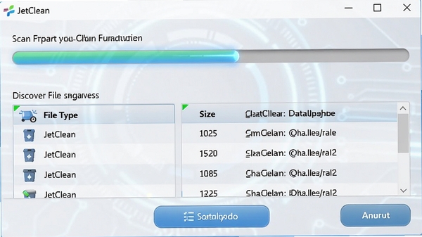 JetClean���������������н��棬��ʾɨ����������ѷ��ֵ������ļ��б����б������ļ����͡���С��·����Ϣ��������ǳɫΪ�������ܰ�ť�����ɼ�����������JetClean�����ڴ��ڱ�����������ϸ�ڷḻ���Ƽ���ǿ