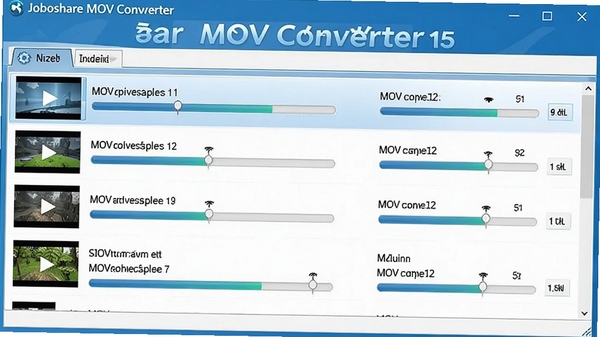 Joboshare MOV Converter����ת���������棬�����Ƶ�ļ��������б��У�ÿ���ļ�����ʾת�������������沼��������ɫ��������Ϊ����ͻ����������Joboshare MOV Converter���������Ϊ16:9�����дʵ���ʺ���Ϊ����չʾͼ