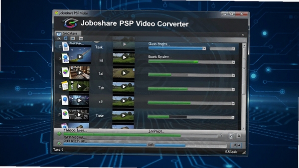 Joboshare PSP Video Converter软件正在同时转换多个不同格式的视频文件,界面显示任务队列和进度条,画面展现软件强大的批量处理能力,背景为科技感十足的深蓝色,软件名称Joboshare PSP Video Converter清晰可见