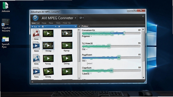 Joboshare AVI MPEG Converter批量转换功能示意图,画面中显示多个视频文件排列在列表中,转换进度条同时进行,背景为深色电脑桌面,软件窗口高亮显示,强调高效处理能力