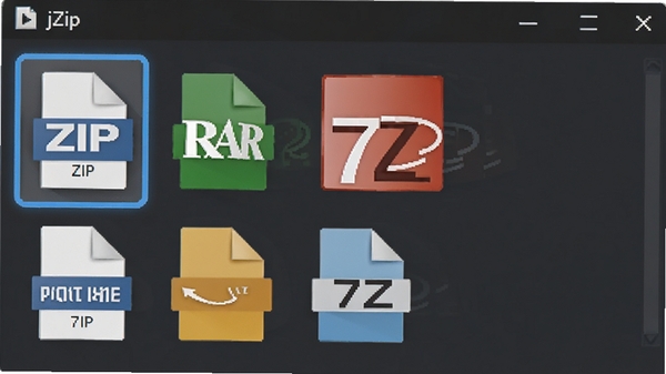 jZip软件界面特写,高亮显示支持的文件格式列表图标,包括ZIP、RAR、7Z等,背景为干净的纯色,突出格式图标,营造专业可靠的工具软件氛围