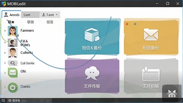 MOBILedit软件主界面预览图,展示联系人管理、短信备份、文件传输等核心功能模块,界面布局清晰,色彩专业,整体风格现代化,适合作为软件介绍首图