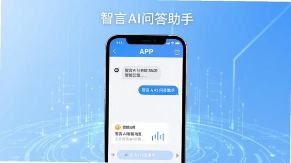 智言AI问答助手主界面预览图,展示简洁的对话窗口和智能回复功能,整体风格现代,背景为浅蓝色科技感渐变,中部显示手机界面,上方有APP名称智言AI问答助手,画面清晰明亮