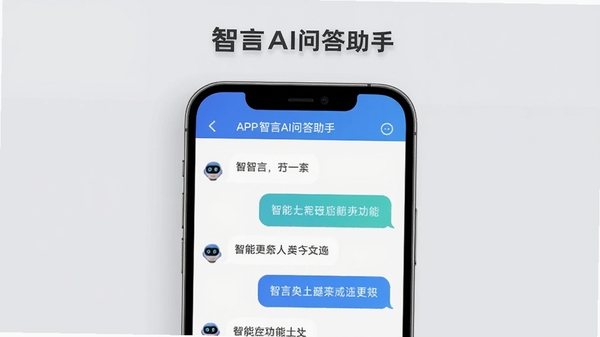 智言AI问答助手智能对话功能示意图,展示手机屏幕内多轮问答场景,一问一答,文字清晰,背景为柔和的浅灰色,手机界面突出显示对话气泡,上方标注APP名称智言AI问答助手