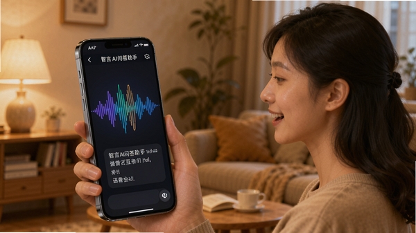 智言AI问答助手语音交互使用场景图,展示用户对着手机说话,手机屏幕显示声波动态效果和文字识别结果,背景为温馨的室内环境,暖色调,画面中手机屏幕显示APP名称智言AI问答助手