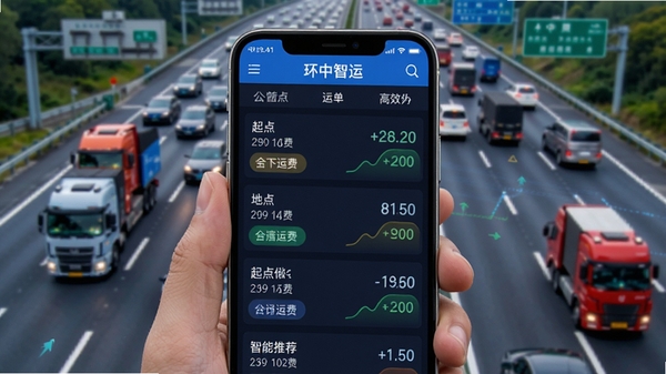 环中智运货源匹配界面,手机屏幕上显示匹配的运单列表,包含起点终点和运费,背景是繁忙的高速公路,色彩鲜明,突出智能推荐的高效性