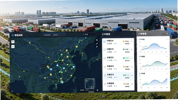 环中智运整体界面预览图,展示货运地图、车辆列表和订单管理面板,背景为现代化物流园区,画面清晰明亮,突出智能调度与高效运输主题