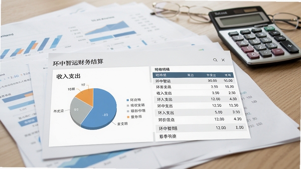 环中智运财务结算页面,展示收入支出饼状图和明细列表,背景为办公桌上的报表和计算器,风格简洁专业,突出数据清晰与便捷