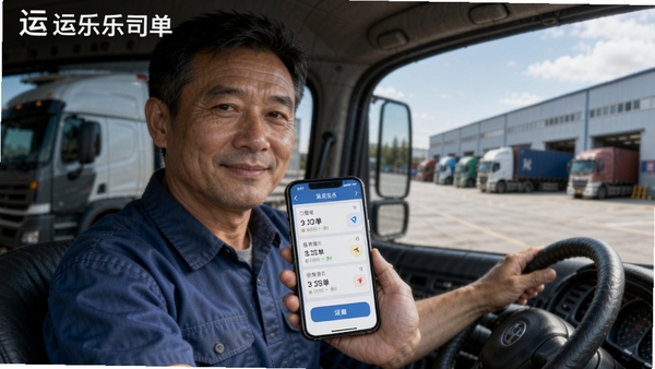 运乐乐司机货运接单主界面,一名中年男性司机手持手机查看订单,背景为货车停车场,远处有物流仓库,界面清晰显示订单列表与导航按钮,画面写实明亮,突出货运接单主题,包含运乐乐司机软件名称。