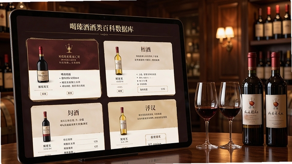 喝臻酒酒类百科数据库展示界面,屏幕上陈列着多款红酒与白酒的详情页卡片,背景为典雅的品酒室环境,配有高脚杯与酒瓶,画面富有文化气息
