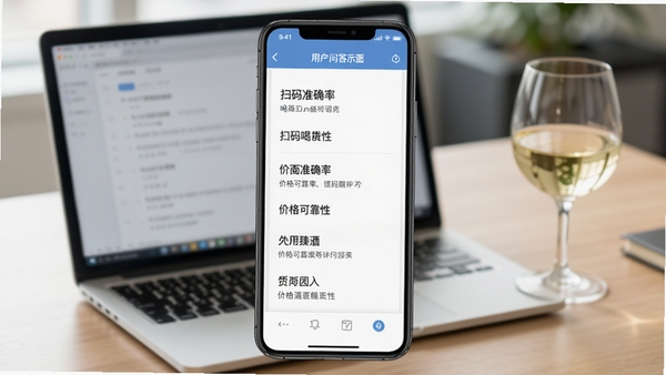 喝臻酒用户问答界面示意图,手机屏幕上展示关于扫码准确率与价格可靠性的问答列表,背景为办公桌上的笔记本电脑与酒杯,画面风格简洁明快