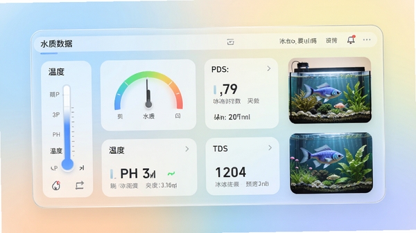 观鱼软件主界面预览图,展示水质数据仪表盘与鱼缸实时状态卡片,背景为柔和渐变色,前景是简洁的玻璃质感UI界面,包含温度、PH值、TDS等关键指标,整体风格现代明亮,适配手机竖屏展示