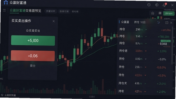 众赢财富通交易界面预览,展示买入卖出操作面板与持仓列表,模拟K线背景,绿色红色涨跌配色,整体界面商务简洁,突出交易功能的实用性与流畅感