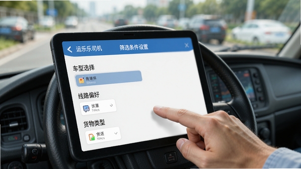 运乐乐司机APP筛选条件设置界面图,展示车型选择、线路偏好、货物类型等选项,画面模拟司机在驾驶室用手指点击屏幕操作,背景虚化处理,突出软件功能的细致与专业。