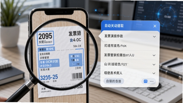 发票管家OCR识别功能演示图,手机屏幕放大显示一张发票照片,关键信息区域被高亮蓝色框选,旁边悬浮着自动提取出的文字字段面板,背景为虚化的办公桌面,强调技术感与准确性
