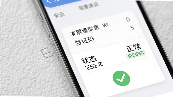 发票管家发票查验结果页面示意图,手机界面展示一张发票的查验详情,显示验证码、状态为正常,下方有绿色对勾图标,背景为浅灰色纹理,突出安全可信赖的氛围