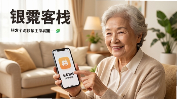 银发客栈软件主界面预览图,画面中央是一位笑容和蔼的老年人正在轻松滑动手机屏幕,界面显示超大图标和清晰大字,背景是温馨明亮的客厅,沙发和绿植点缀,色调温暖柔和,突出简单易用和亲切感