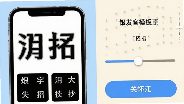 银发客栈关怀模式设置页面截图,左侧是手机界面放大字体和图标对比图,右侧是调节滑块,背景采用浅蓝色和米白色分区,画面清晰展示大字体、大按钮和高对比度配色方案,强调视觉友好