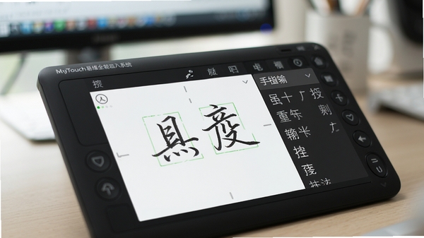 MyTouch易维全能输入系统手写输入功能特写,画面中央显示手写板区域与候选字列表,背景虚化处理,突出软件识别出的多个汉字候选,图片风格清晰写实,体现软件智能识别能力