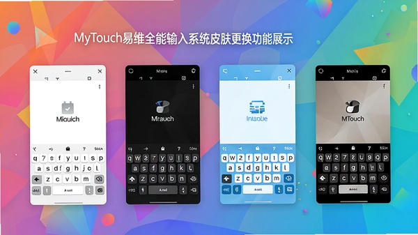 MyTouch易维全能输入系统皮肤更换功能展示图,屏幕上并列展示多款不同风格的输入法皮肤界面,包括简约白、深邃黑、清新蓝等配色,背景为渐变色的抽象几何图形,整体视觉活泼,体现个性化定制特色