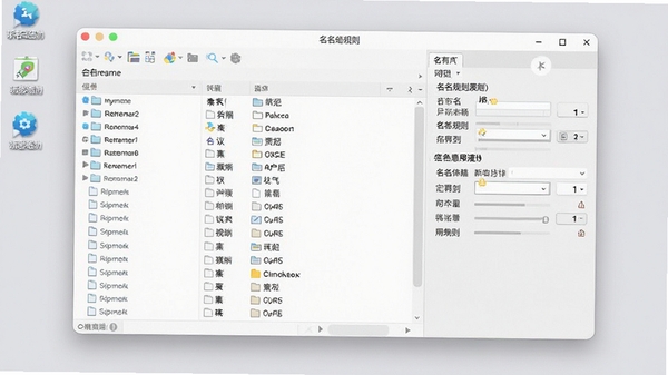 Myrename软件主界面预览图,显示简洁的工具布局,左侧为文件列表区域,右侧为命名规则设置面板,背景为浅灰色桌面环境,整体风格清爽专业