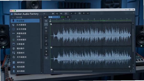 Okoker Audio Factory主界面,左侧功能列表,右侧波形编辑区,背景为工作室环境,整体色调蓝灰,画面清晰,细节丰富
