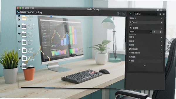 Okoker Audio Factory格式转换界面,文件列表显示多种音频格式,右侧输出设置面板,背景为现代办公桌,色彩明亮