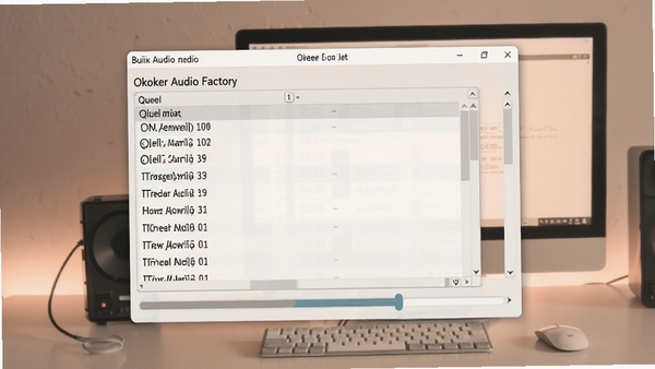 Okoker Audio Factory批量转换界面,队列列表,进度条,背景为简约电脑桌面,色调温和