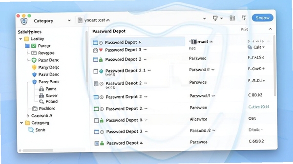 Password Depot 密码管理软件主界面预览图,展示左侧分类树形结构、右侧条目列表以及顶部工具栏,整体界面简洁清晰,背景为淡蓝色渐变,突出安全可靠的氛围