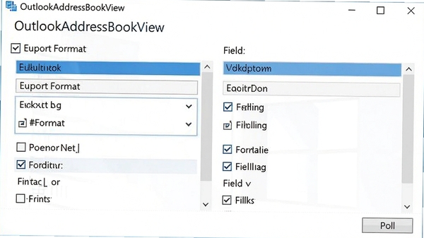 OutlookAddressBookView导出选项设置界面,展示多种导出格式选择和字段勾选,背景为白色调,突出软件名称和界面布局